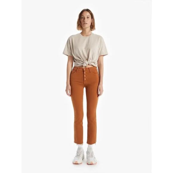 Mother Pixie Insider Ankle Fray Jeans in Play Date 27 Brown Button Fly Stretch - Picture 1 of 11